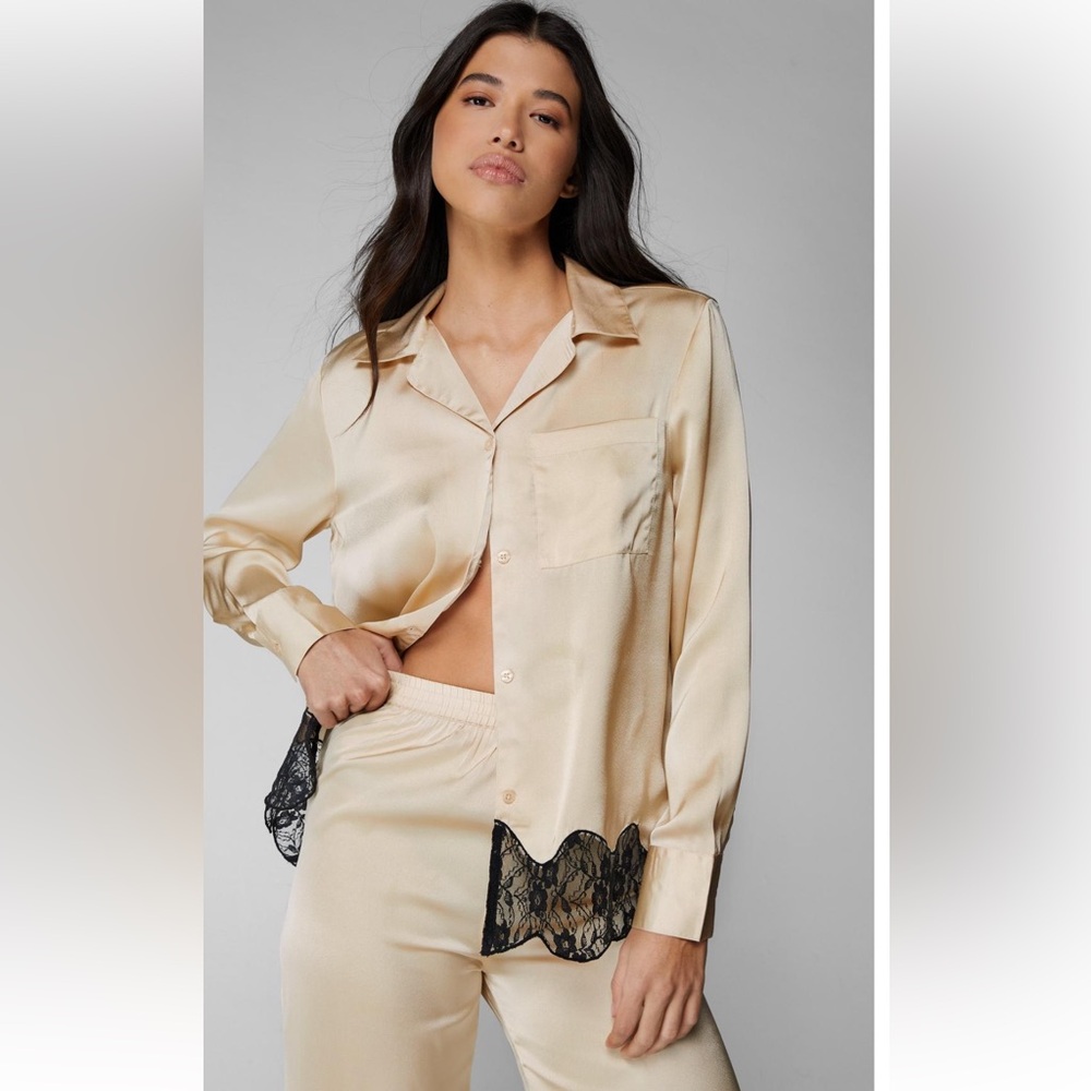 NWT NASTYGAL- Satin Contrast Lace Long Sleeve Pajama Pants Set size sm and med - Picture 2 of 4